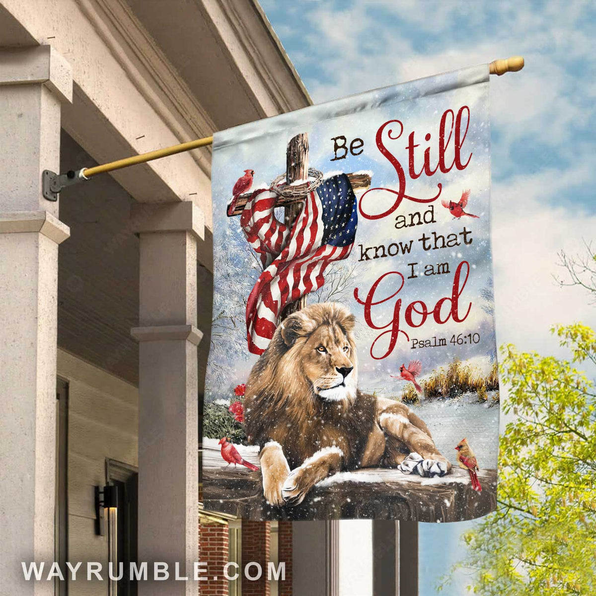 Lion of Judah, Wooden cross, Winter season, Be still and know that I am God - Jesus Flag