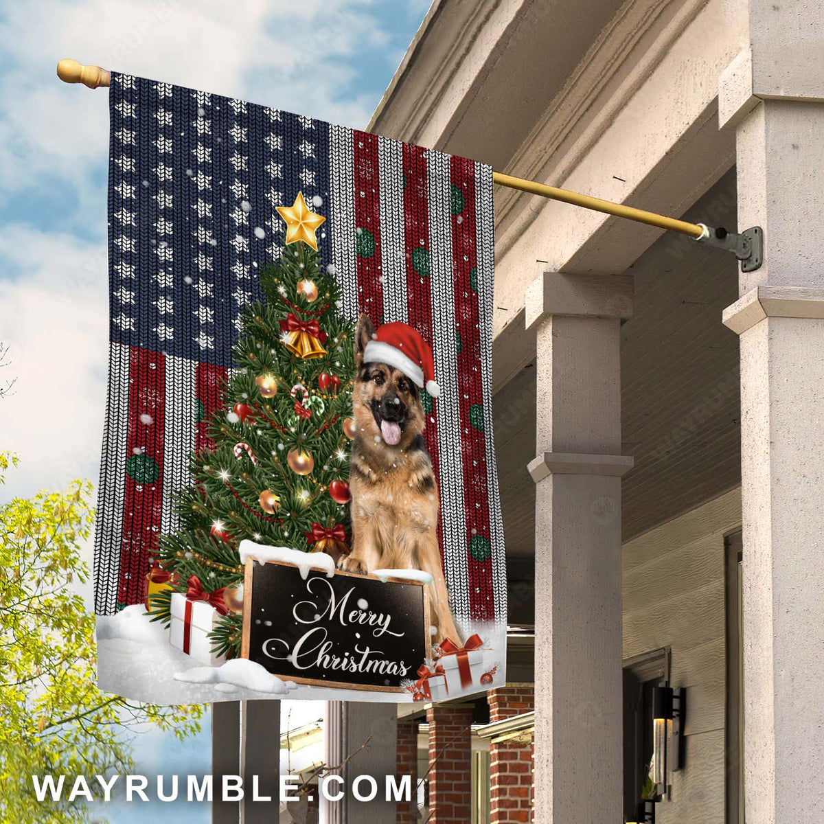 German Shepherd, Cute dog, Amazing Christmas tree, American flag, Merry Christmas - Jesus Flag