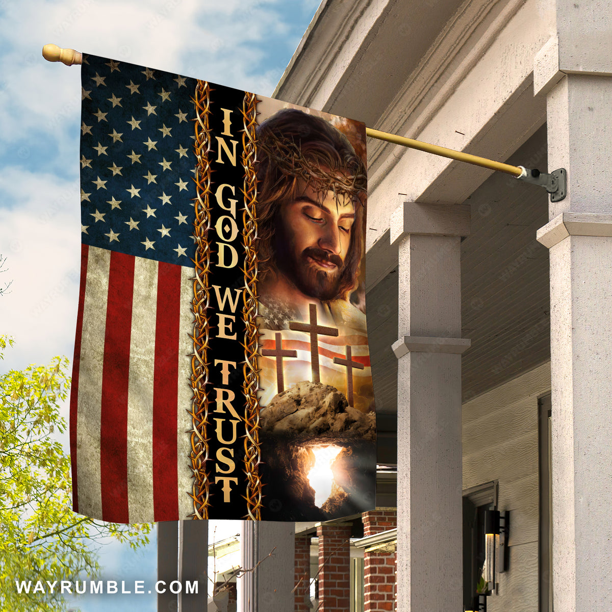 Jesus painting, Amazing American flag, Three wooden crosses, In God we trust - Jesus Flag
