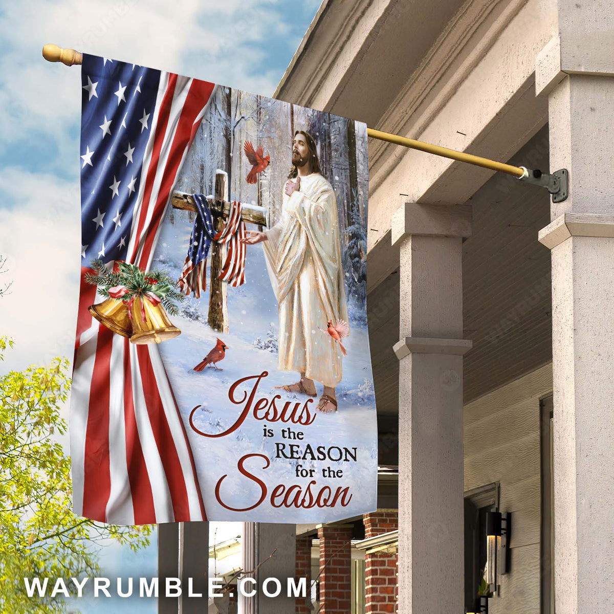 Winter season, American flag, Wooden cross, Jesus is the reason for the season - Jesus Flag