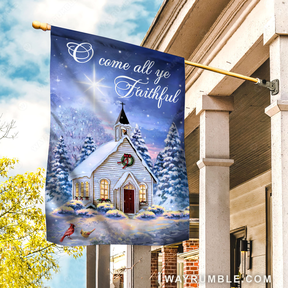Christmas night, Catholic church, Beautiful snowfall, O come all ye Faithful - Jesus Flag