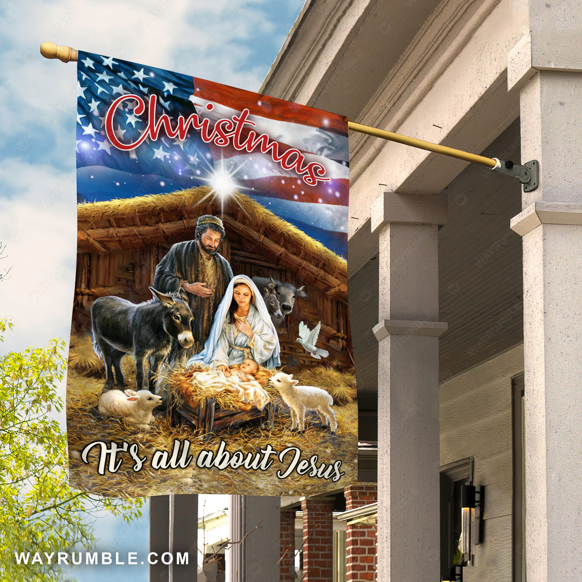 Birth of Jesus, Lamb of God, Farm animal, American flag, Christmas, It&#39;s all about Jesus - Jesus Flag