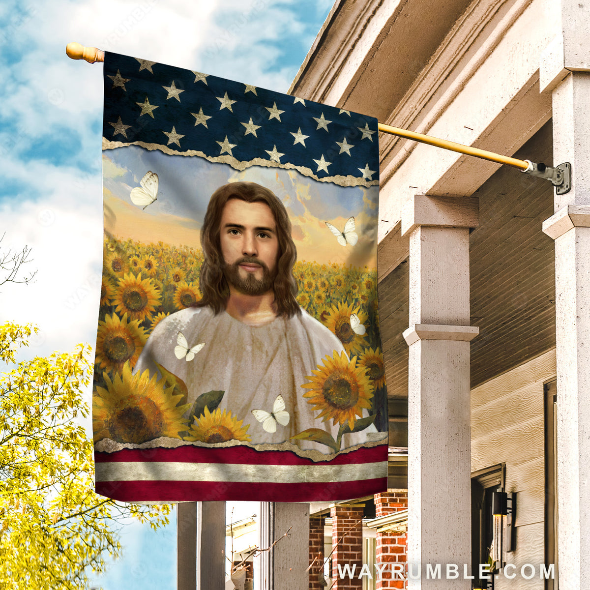 Abstract Jesus painting, Sunflower field, White butterfly, American flag, Religious gift - Jesus Flag