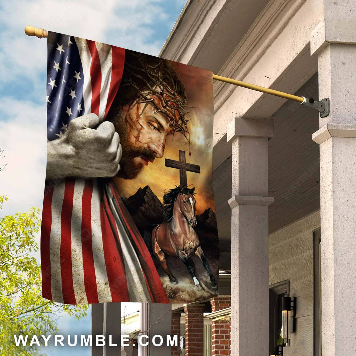 Abstract Jesus painting, American flag, Brown horse, Wooden cross - Jesus Flag