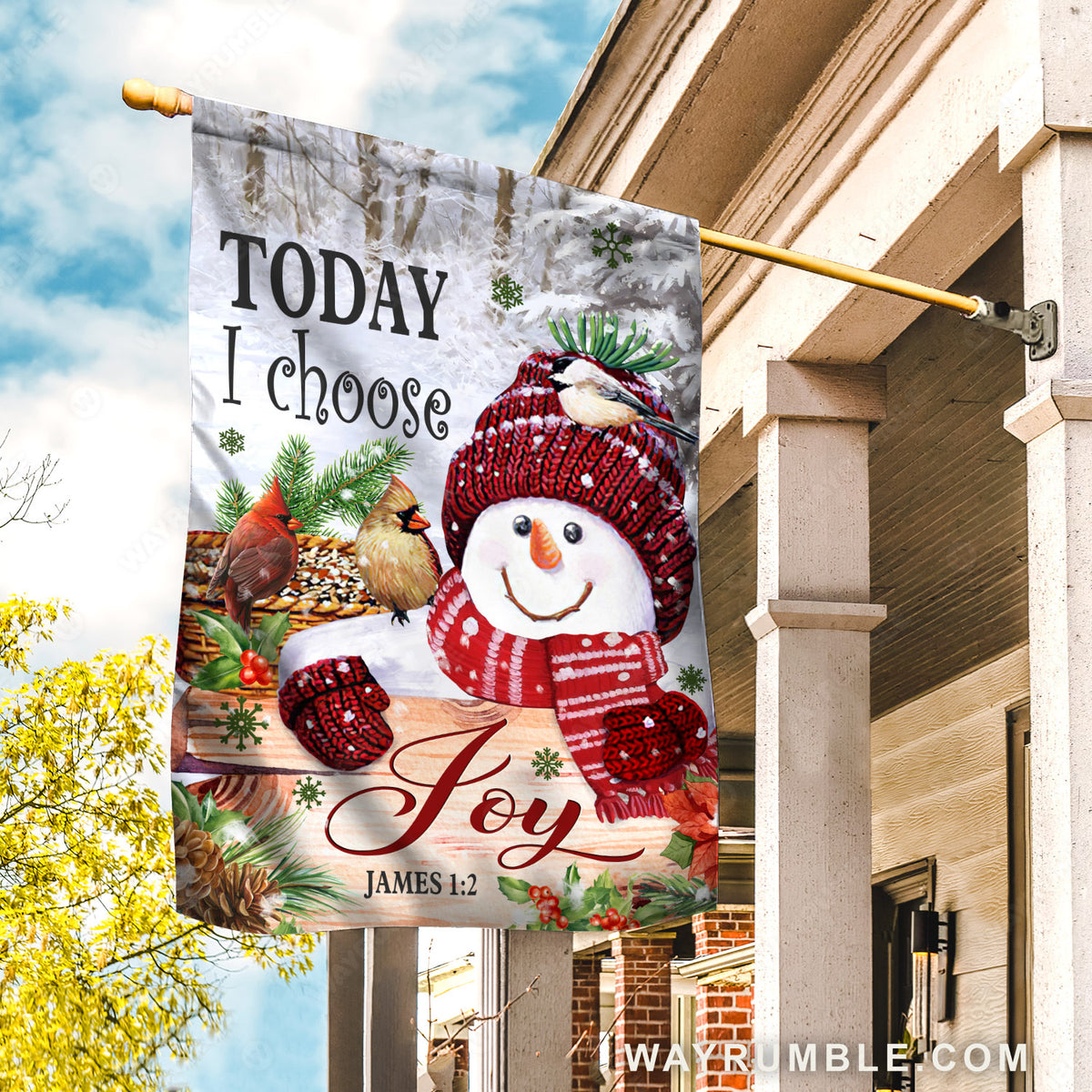 Snowman drawing, Cardinal couple, Christmas decoration, Today I choose joy - Jesus Flag