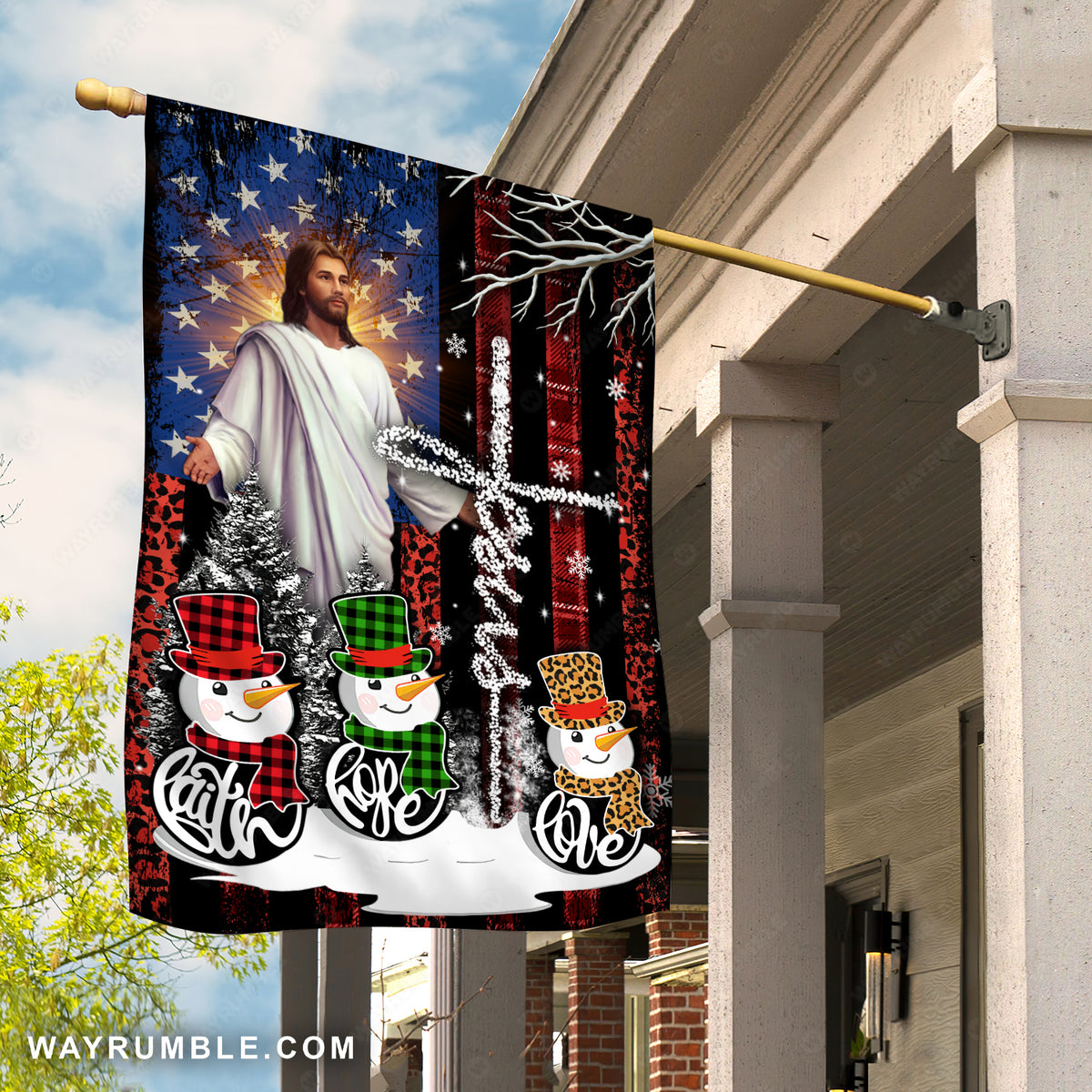 Lovely snowman drawing, Jesus painting, American flag, Faith, Hope, Love - Jesus Flag
