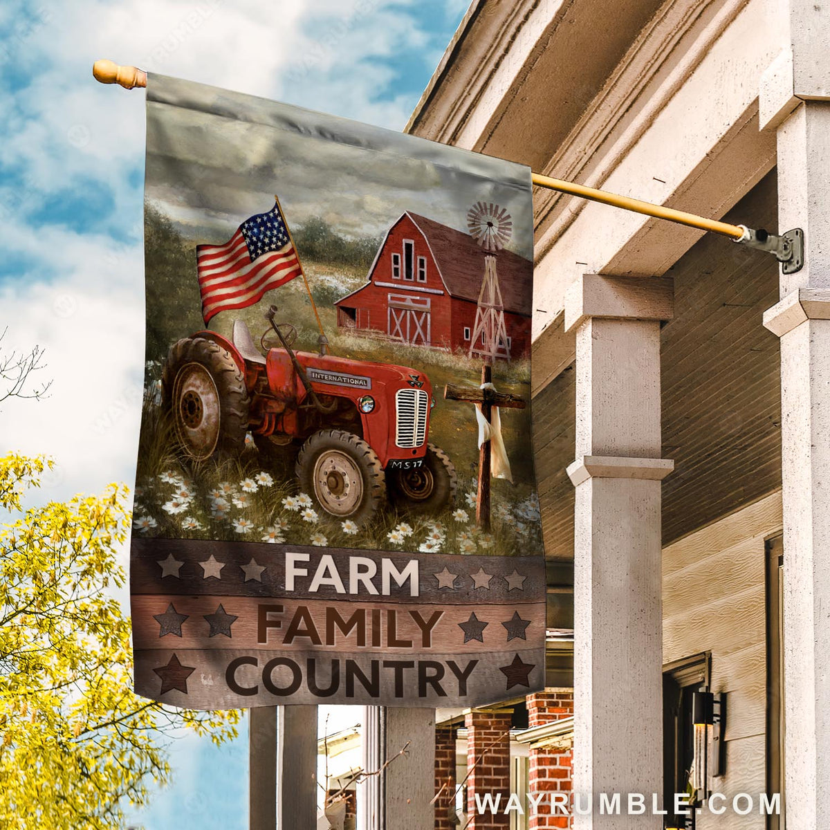 Farm vehicle, Old barn, Daisy field, Cross symbol, Farm, Family, Country - Jesus Flag