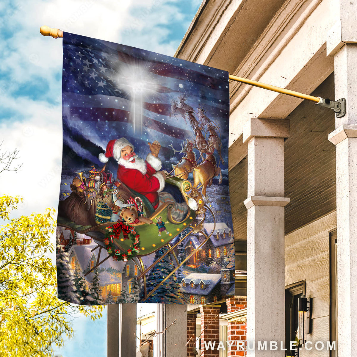 Santa Claus, Christmas eve, Amazing Sleigh drawing, American flag, Merry Christmas - Jesus Flag