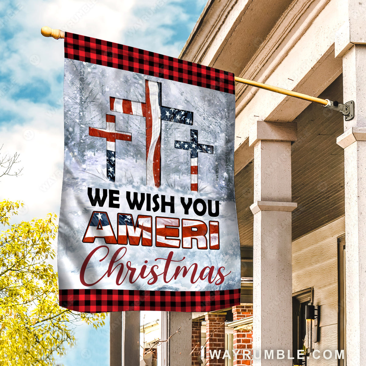 Snowy forest, American flag, Christmas decoration, We wish you Ameri Christmas - Jesus Flag