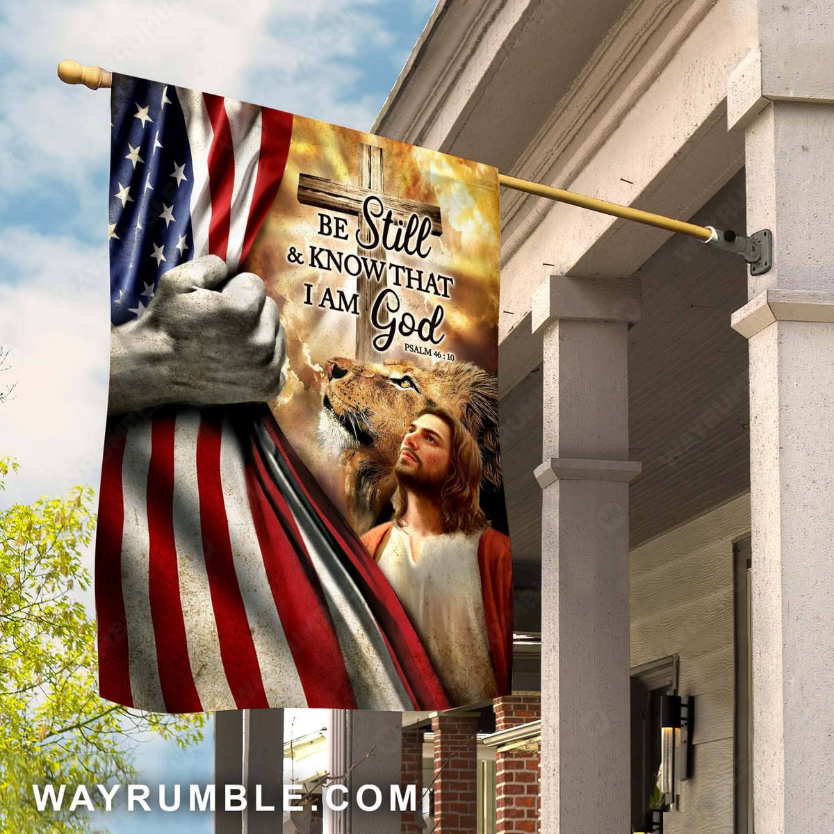 Lion of Judah, American flag, Wooden cross, Bible verse, Be still and know that I am God - Jesus Flag