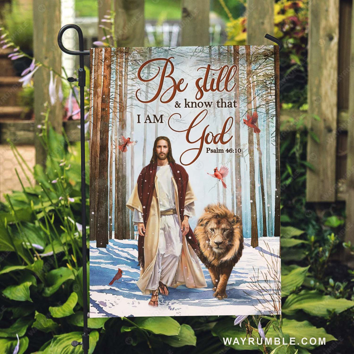 Jesus painting, Lion of Judah, Snowy forest, Be still &amp; know that I am God - Jesus Flag