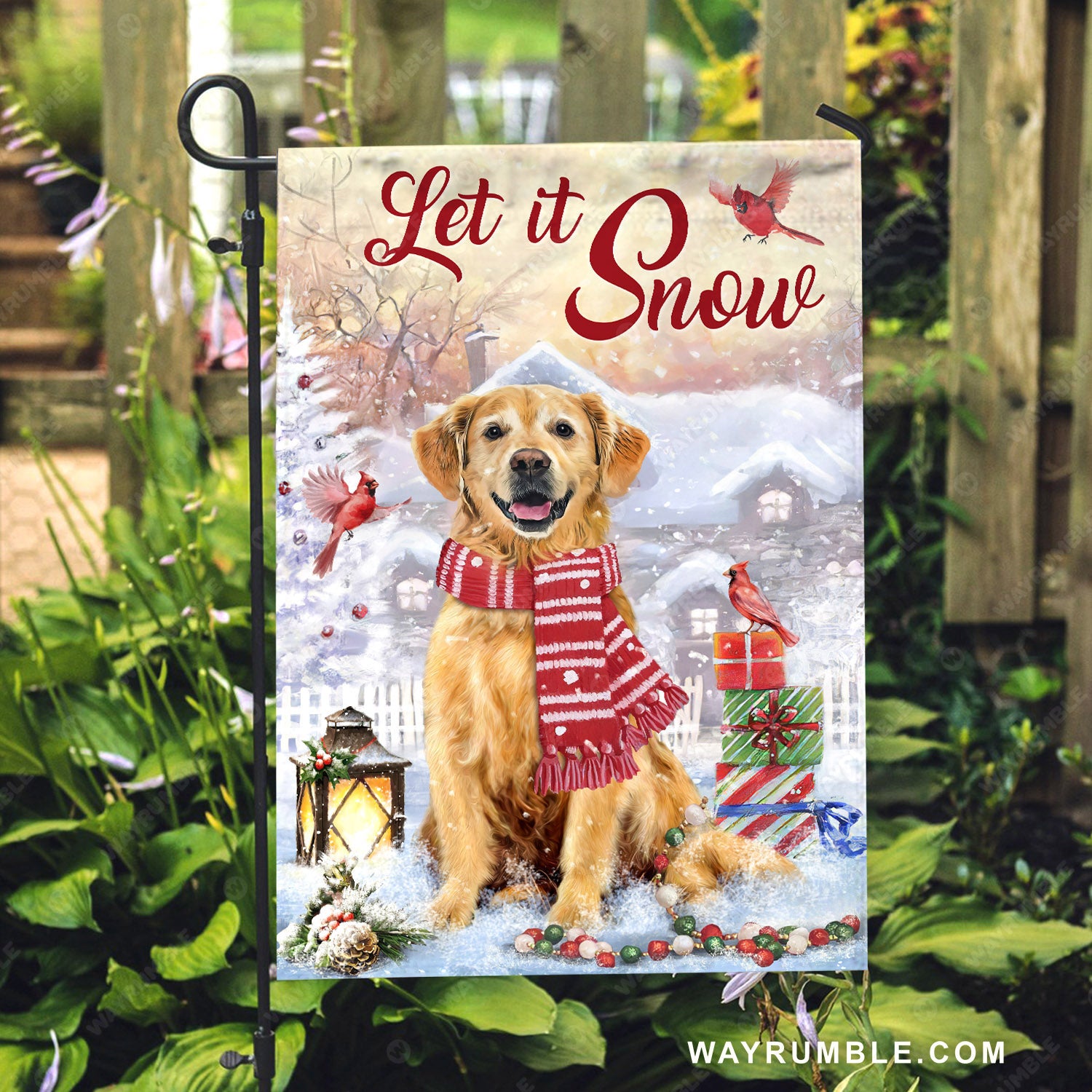 Golden Retriever, Christmas gift, Red cardinal, Let it snow - Jesus Flag