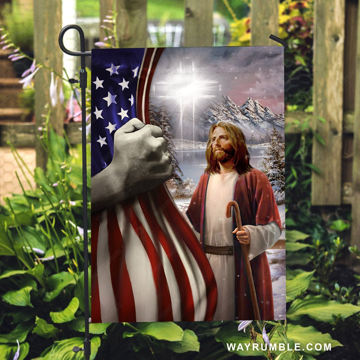 American flag, Jesus painting, Great cross, Winter season, Snow valley - Jesus Flag