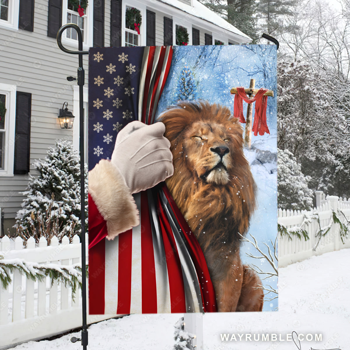 Lion of Judah, American flag, Wooden cross, Beautiful snowfall - Jesus Flag