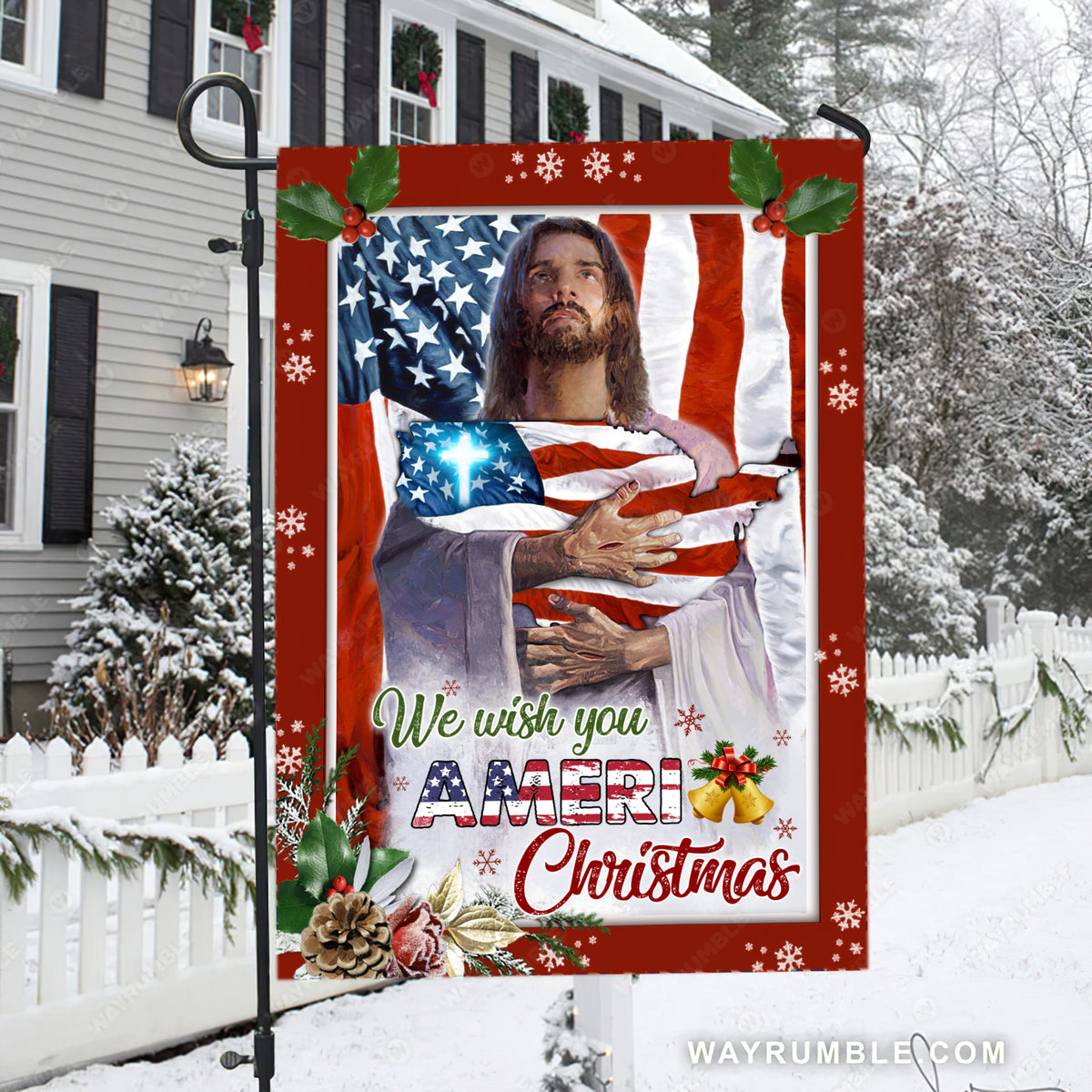 American flag, Jesus painting, Christmas decoration, We wish you ...