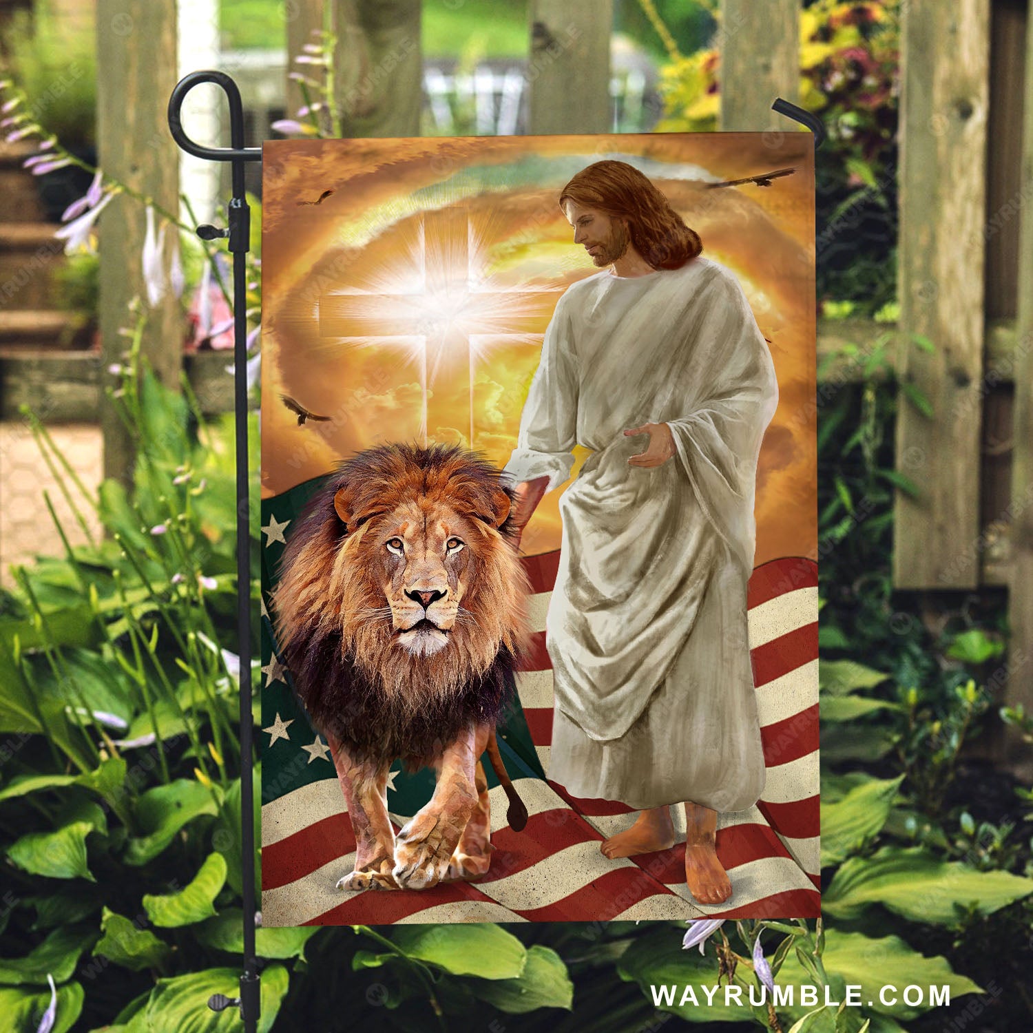 Jesus painting, Lion of Judah, American flag, Amazing cross in heaven - Jesus Flag