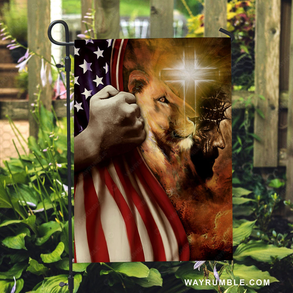 Lion of Judah, American flag, Shining cross, Christ the redeemer - Jesus Flag
