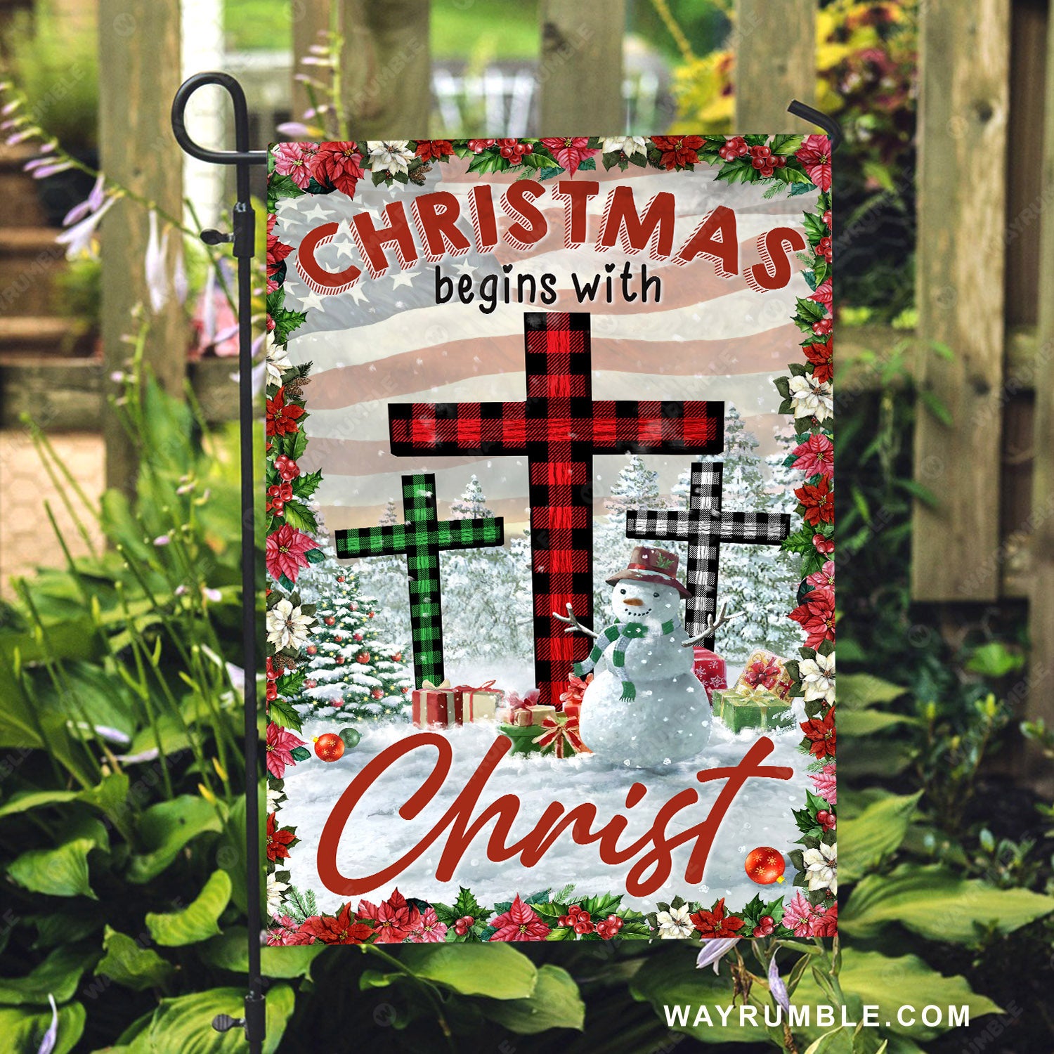 Lovely snowman, Winter season, Poinsettia drawing, Christmas begins with Christ - Jesus Flag