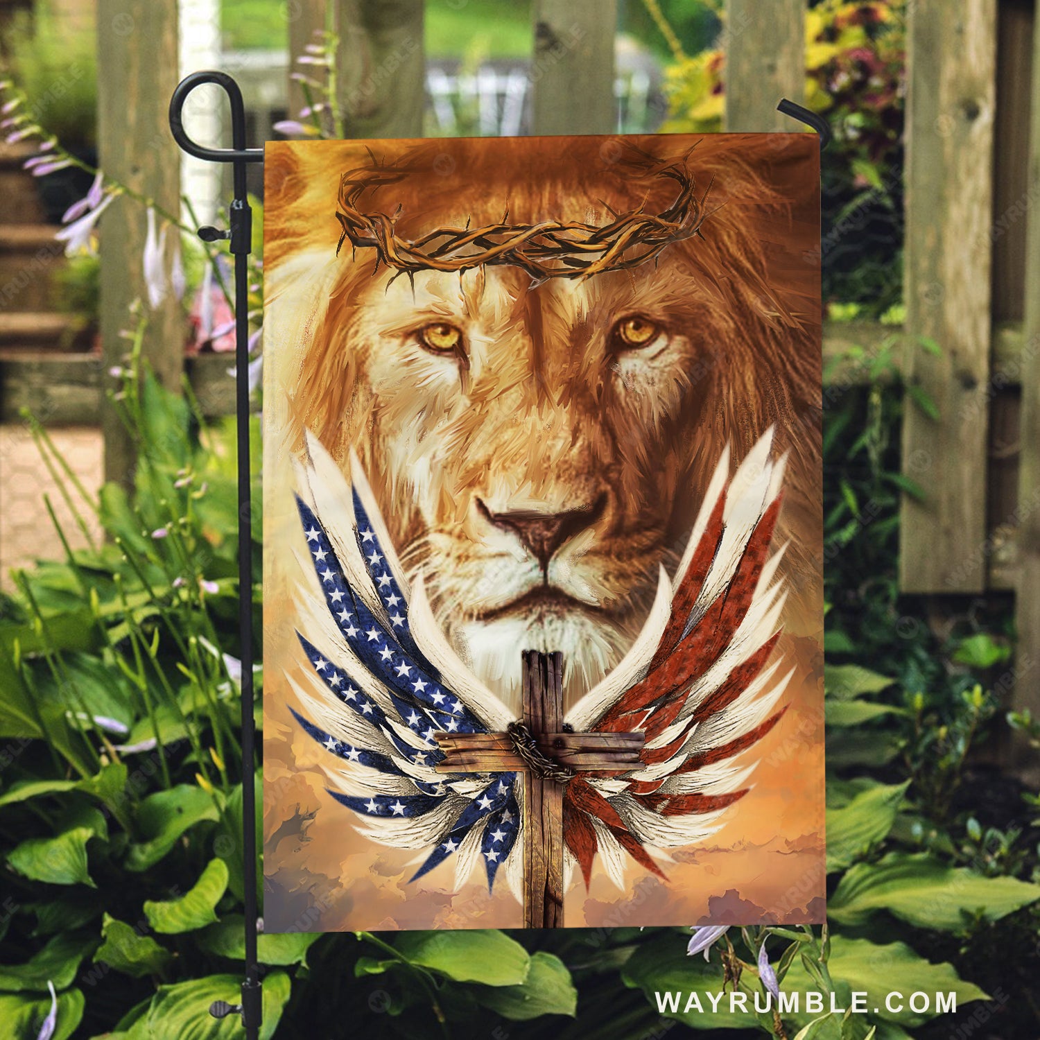 Stunning lion painting, Colorful angel wings, Cross symbol - Jesus Flag