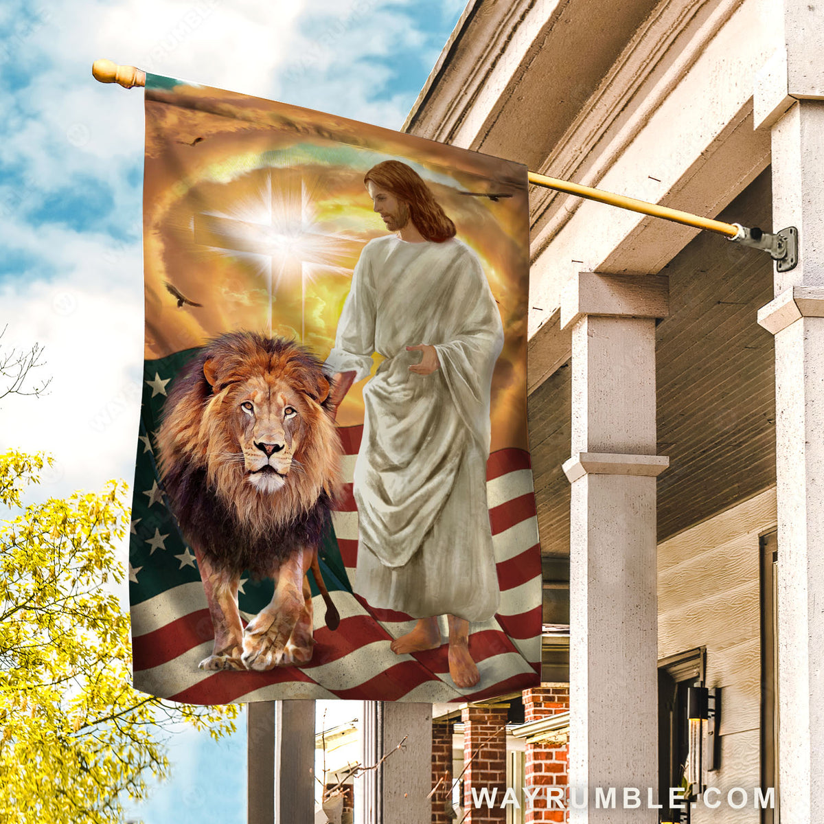 Jesus painting, Lion of Judah, American flag, Amazing cross in heaven - Jesus Flag