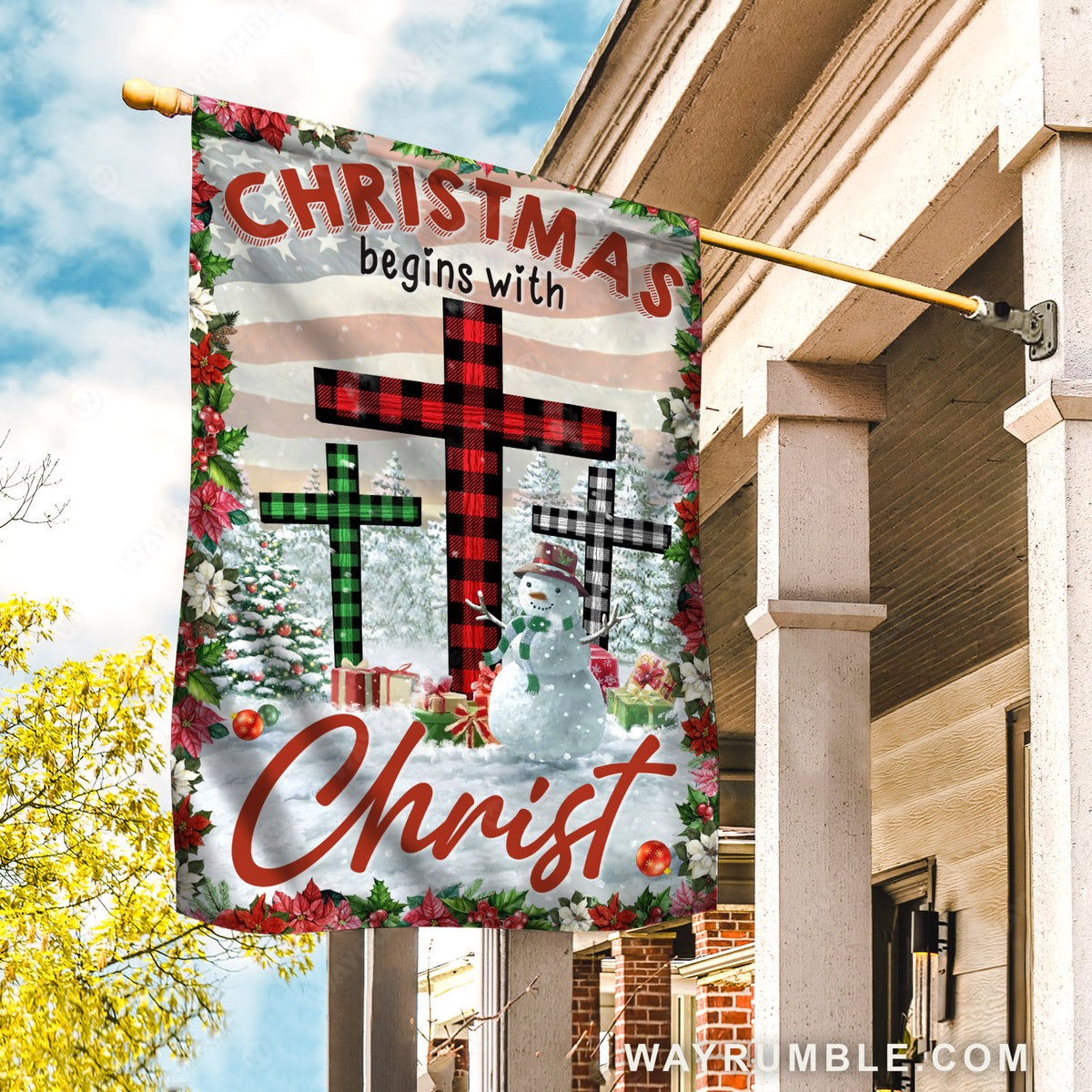 Lovely snowman, Winter season, Poinsettia drawing, Christmas begins with Christ - Jesus Flag
