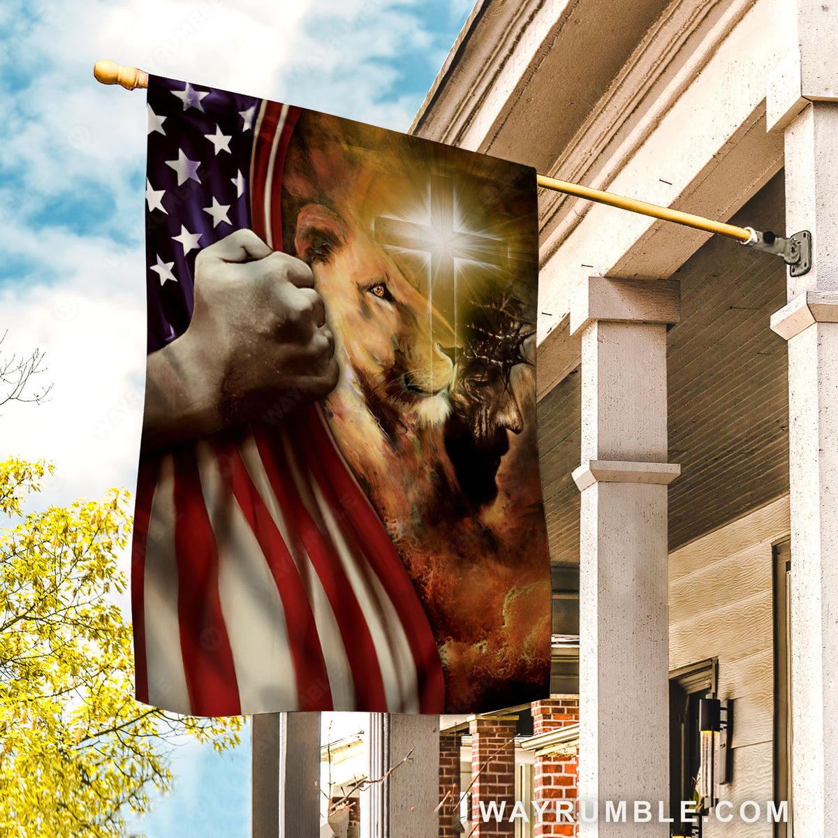 Lion of Judah, American flag, Shining cross, Christ the redeemer - Jesus Flag
