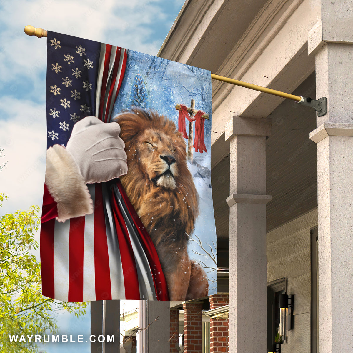 Lion of Judah, American flag, Wooden cross, Beautiful snowfall - Jesus Flag