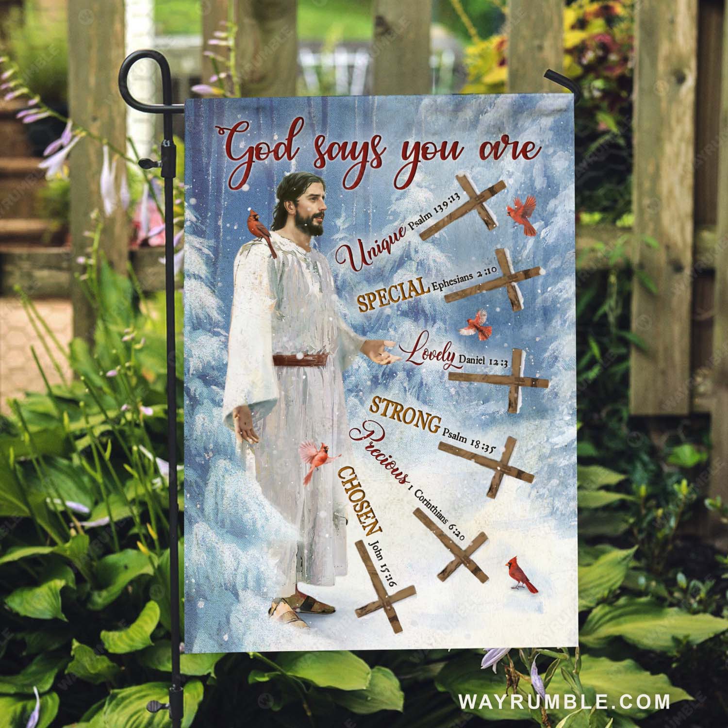 Jesus painting, Wooden cross, Red cardinal, Snowy forest, God says you are - Jesus Flag