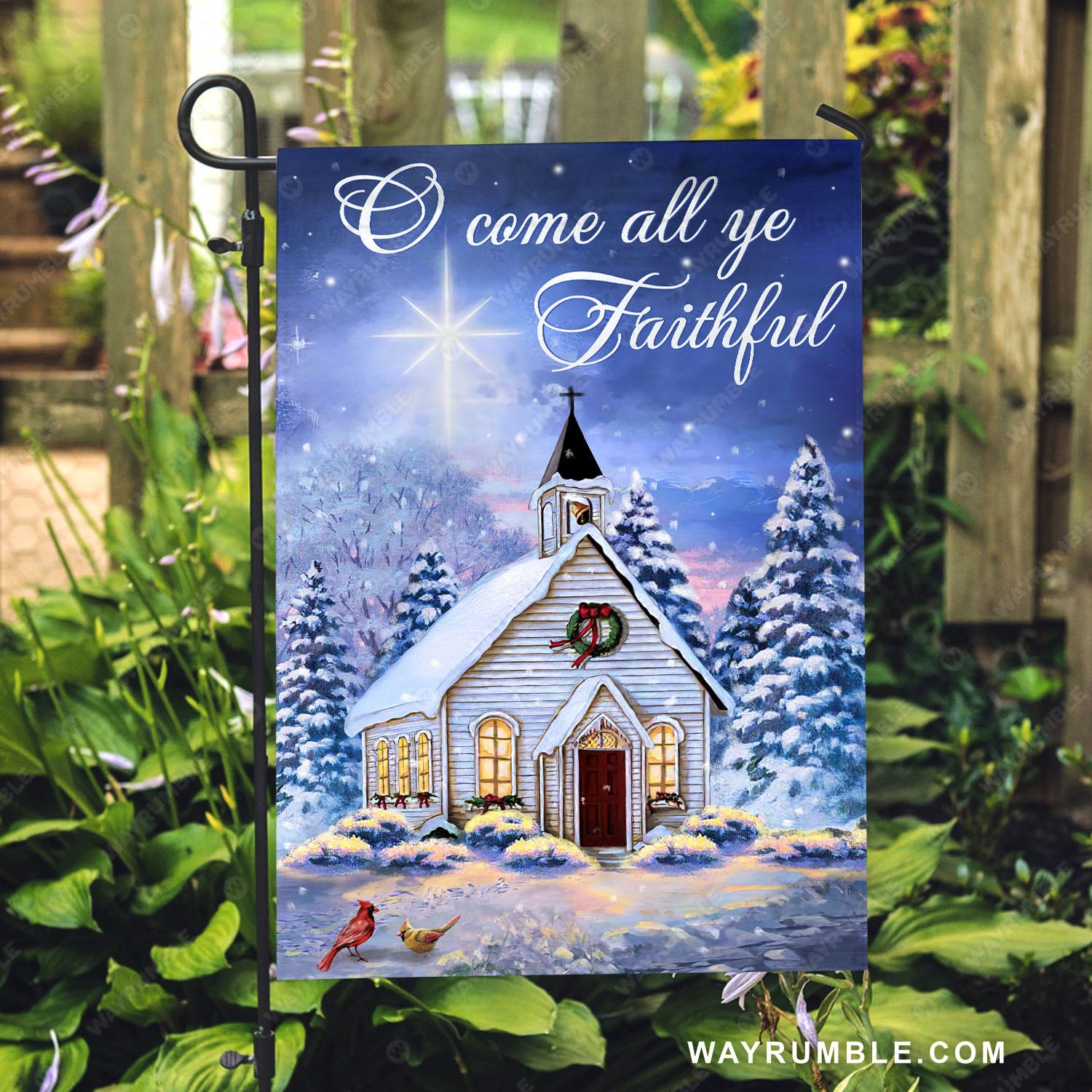 Christmas night, Catholic church, Beautiful snowfall, O come all ye Faithful - Jesus Flag
