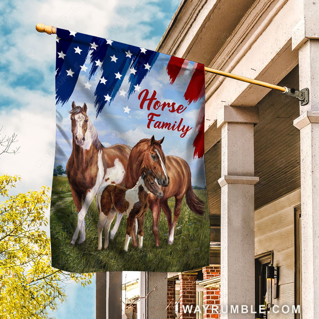 Quarter horses, Green meadow land, US flag, Horse family - Jesus Flag