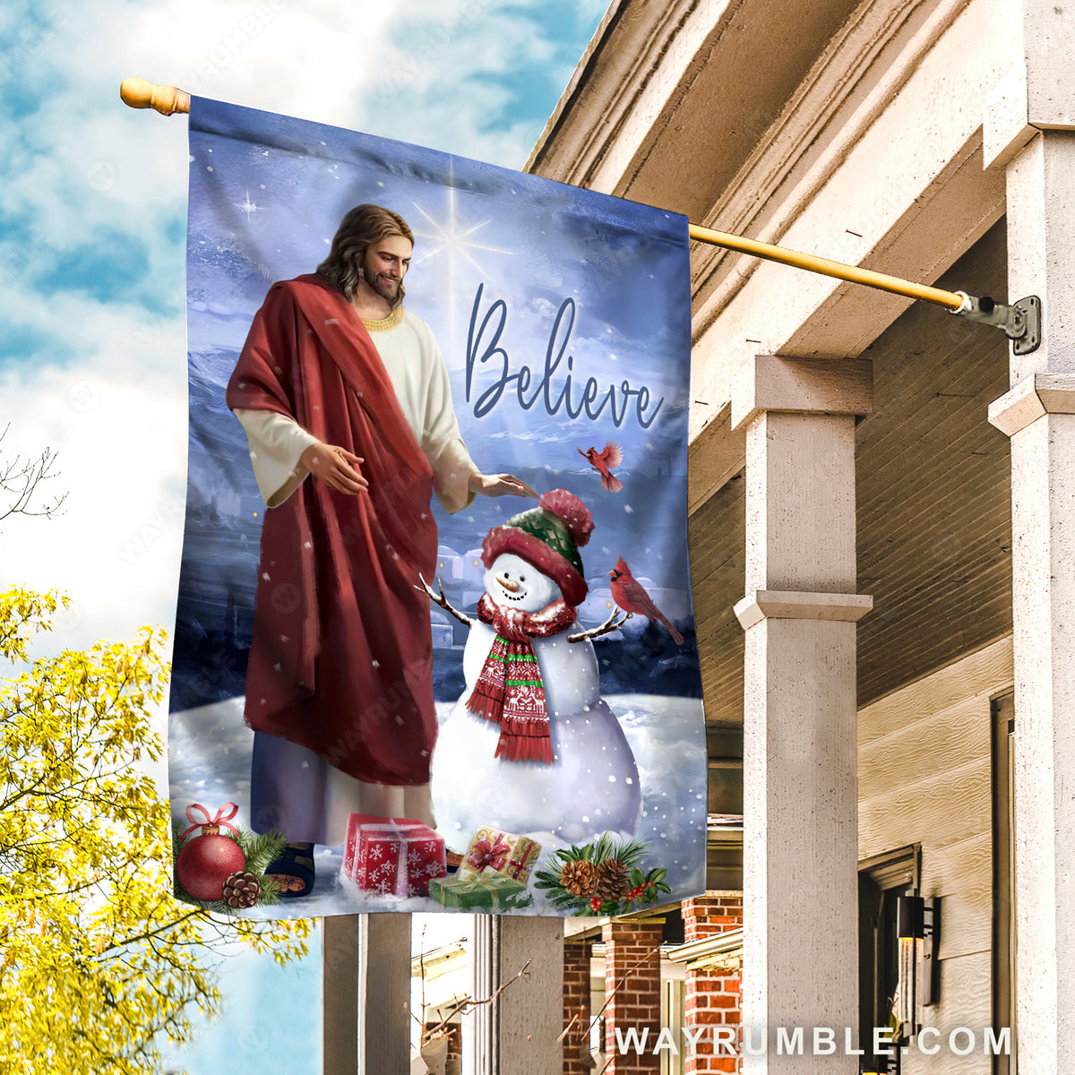 Adorable snowman, Christmas eve, Jesus painting, Star of Bethlehem, Believe - Jesus Flag