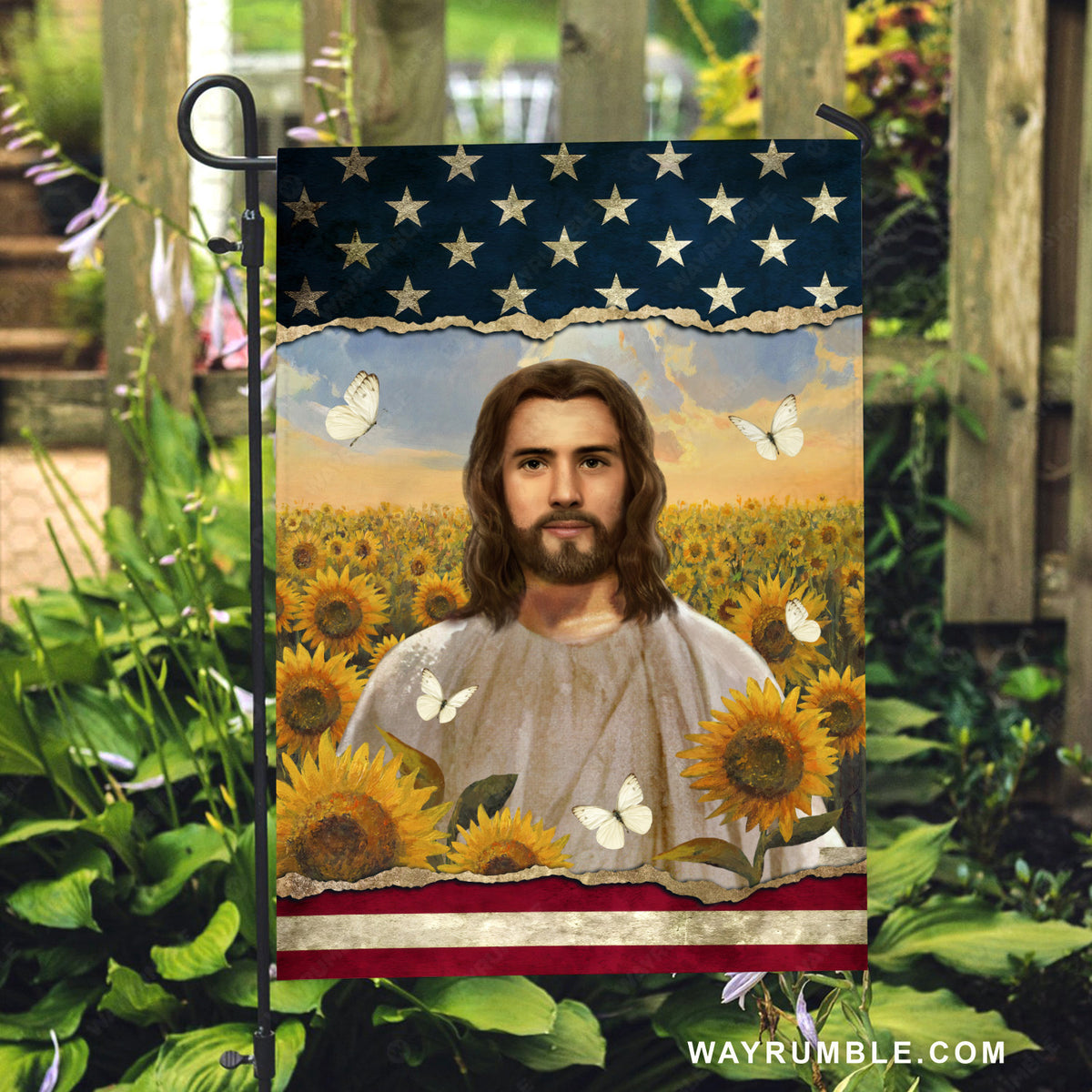 Abstract Jesus painting, Sunflower field, White butterfly, American flag, Religious gift - Jesus Flag.