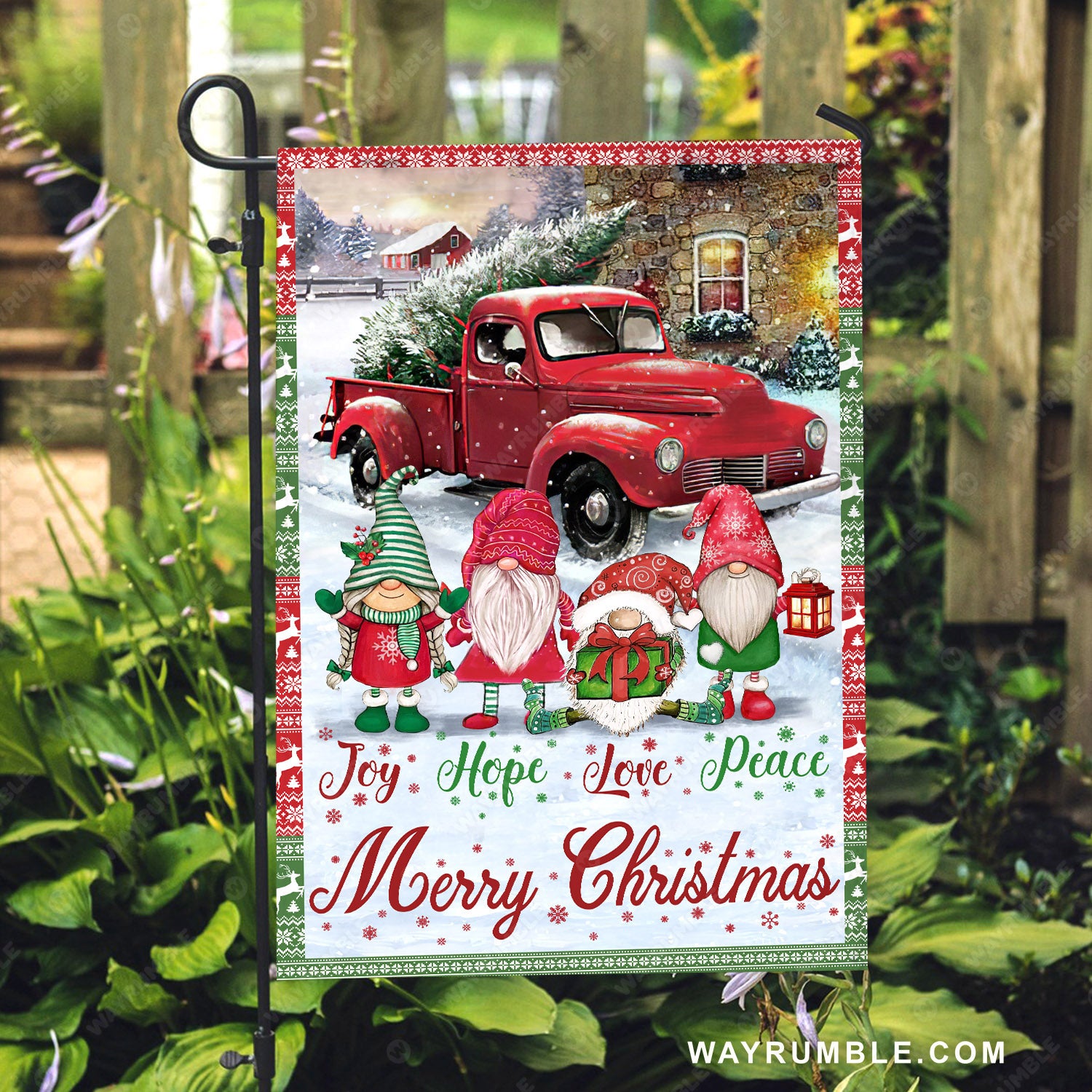 Christmas decoration, Lovely elfs, Red truck, Joy, hope, love, peace, Merry Christmas - Jesus Flag