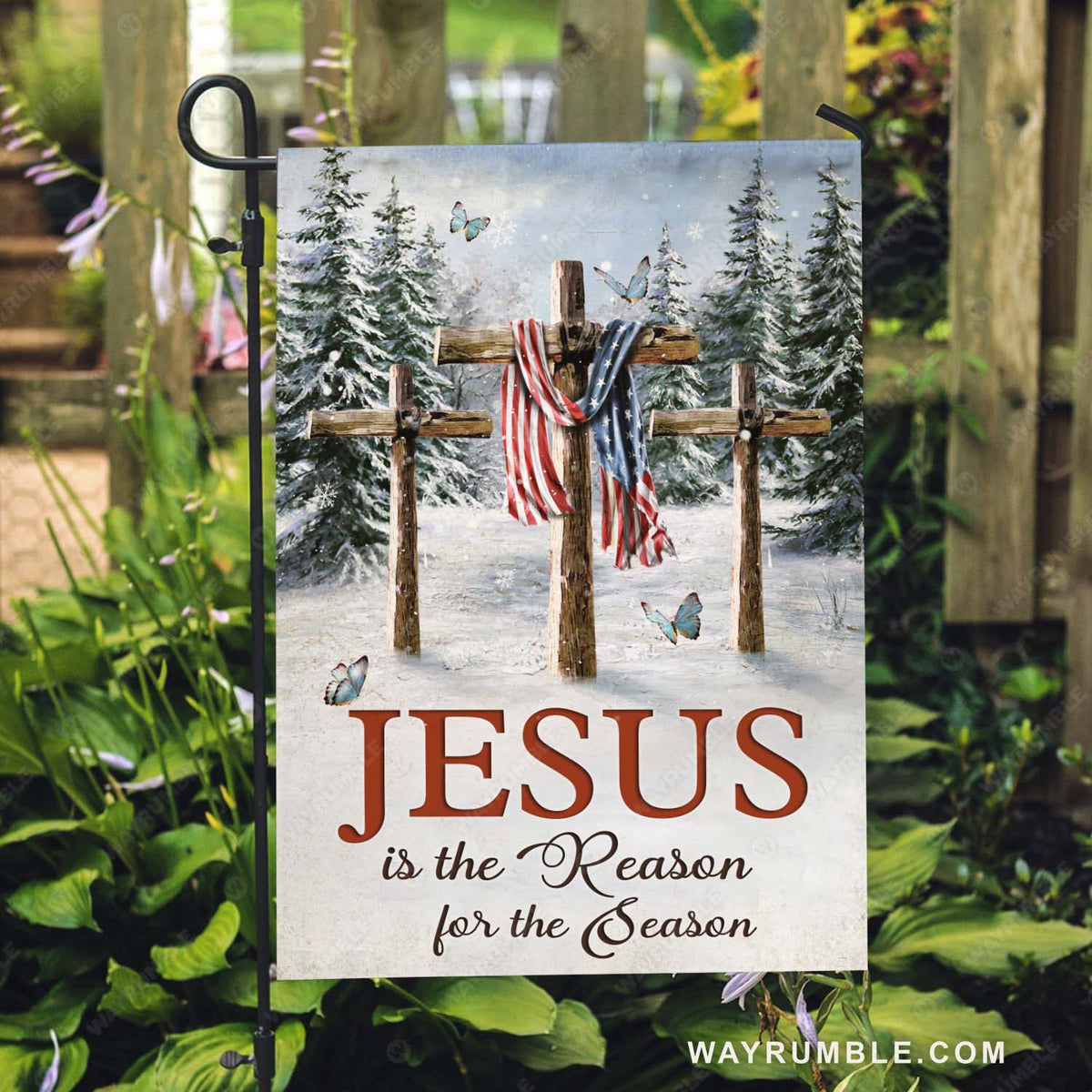 Three wooden crosses, American flag, Amazing snowfall, Jesus is the reason for the season - Jesus Flag