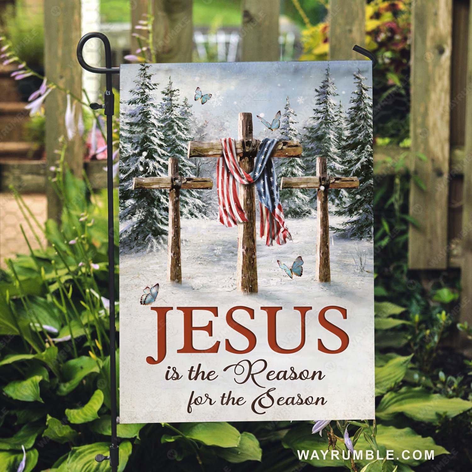 Three wooden crosses, American flag, Amazing snowfall, Jesus is the reason for the season - Jesus Flag