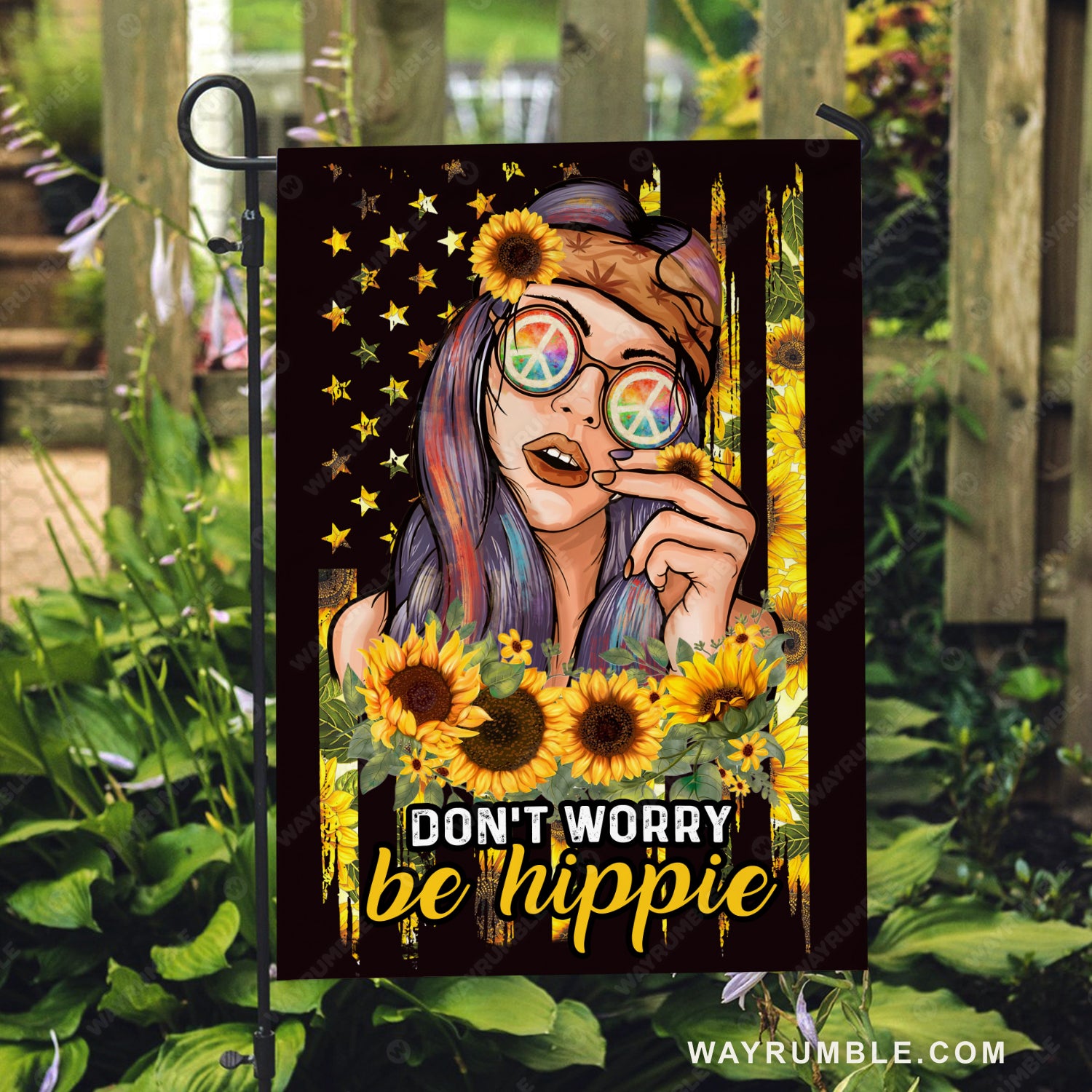 Hippie girl, Sunflower background, US flag, Don't worry, Be hippie - Jesus Flag