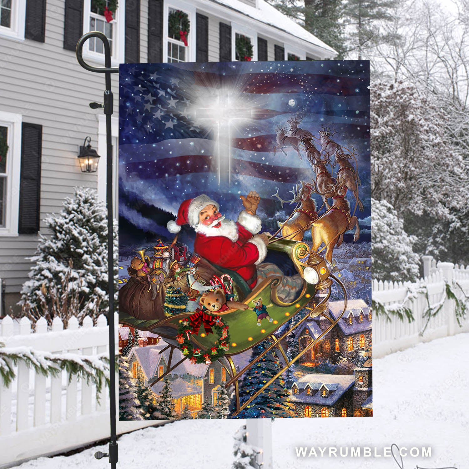 Santa Claus, Christmas eve, Amazing Sleigh drawing, American flag, Merry Christmas - Jesus Flag