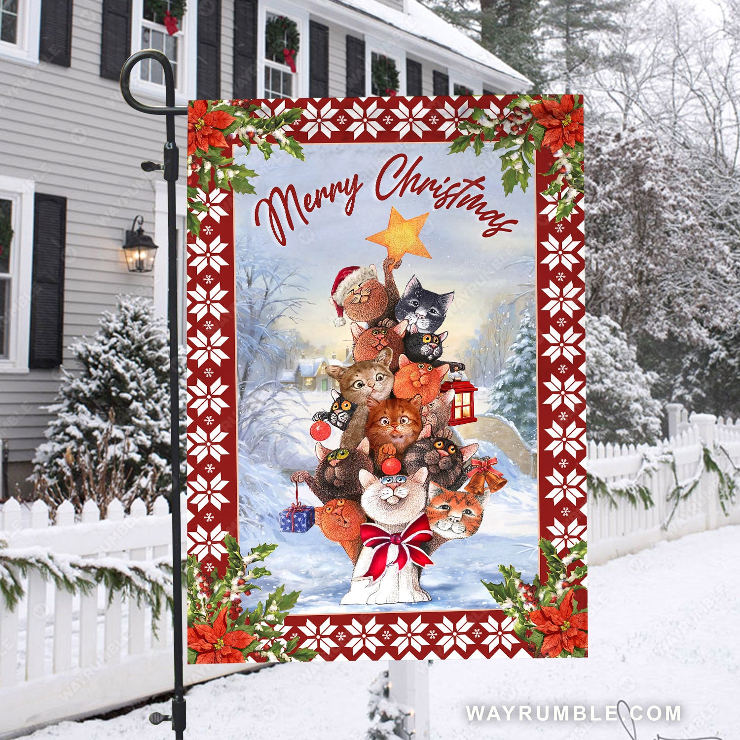 Lovely cats, Christmas decoration, Snowy village, Merry Christmas - Jesus Flag