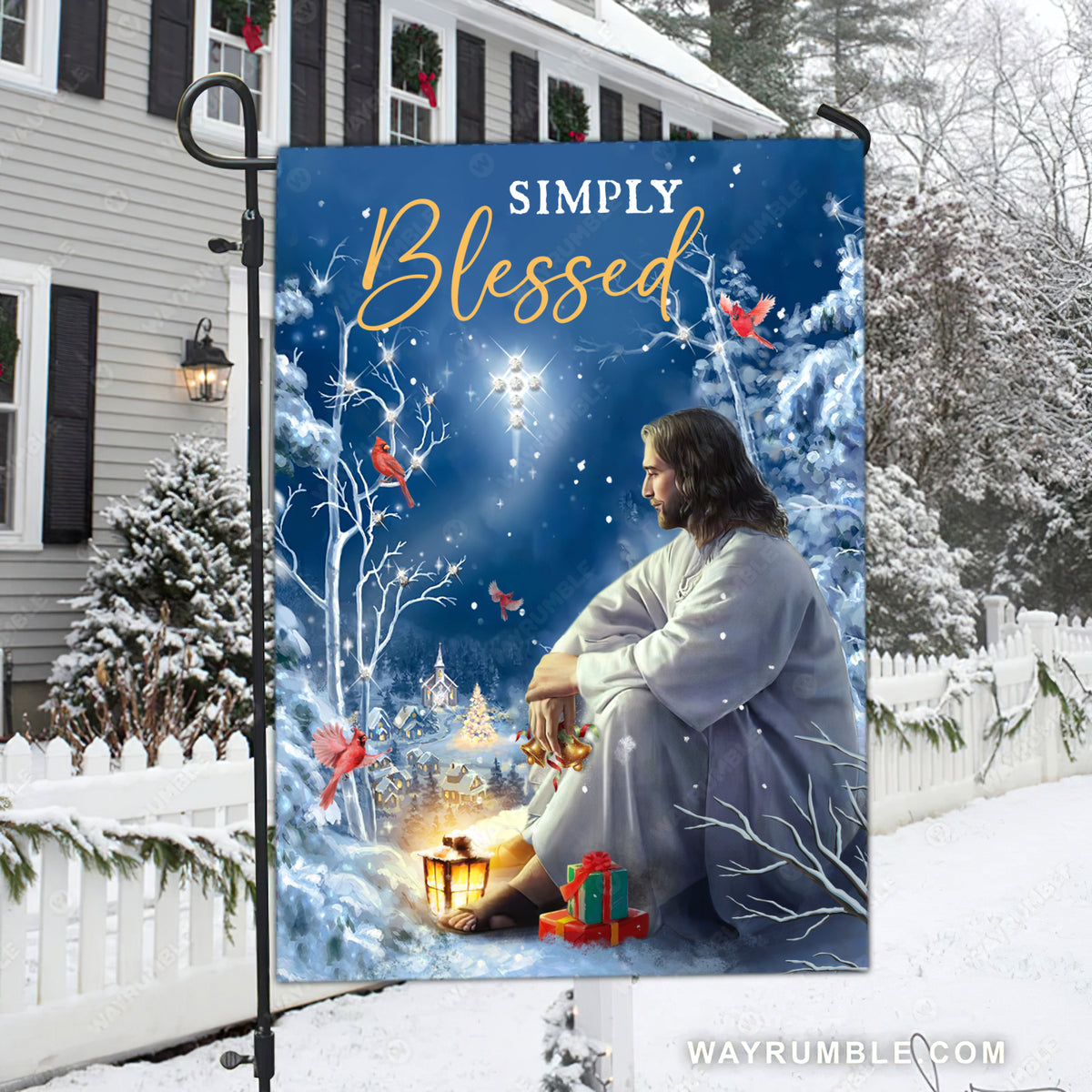 Jesus painting, Red cardinal, Christmas eve, Snowy village, Simply blessed - Jesus Flag