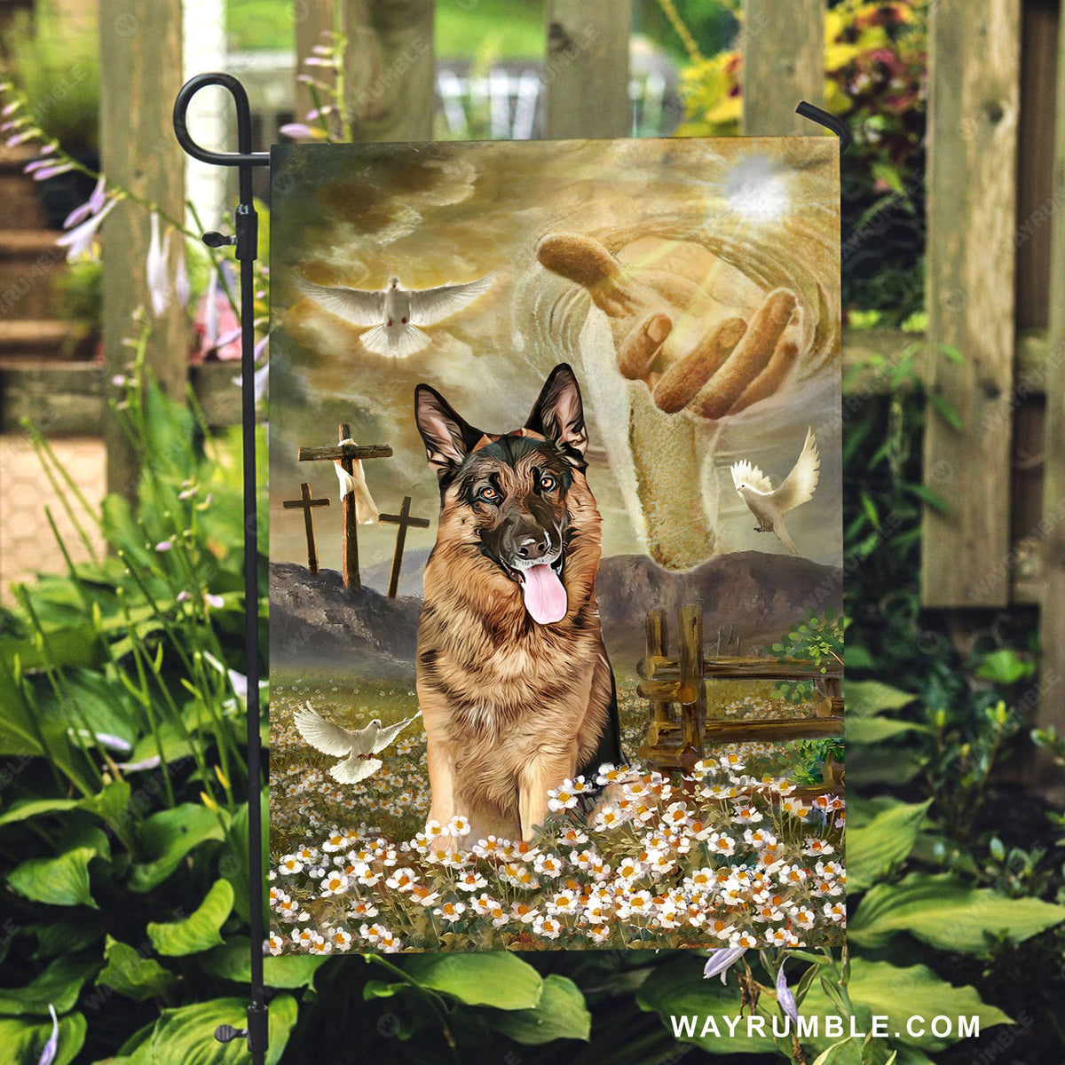 German Shepherd, Dog portrait, Daisy field, Holy spirit dove, Three crosses, The hand of God - Jesus Flag
