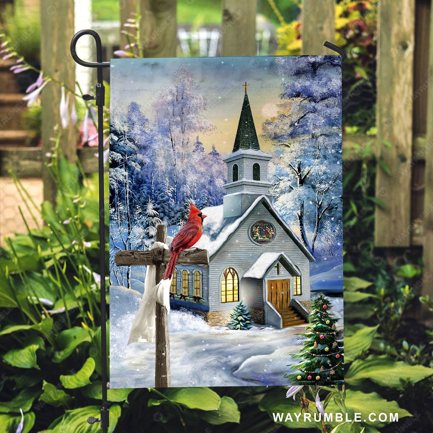 Winter forest, Red cardinal, Catholic church, Merry Christmas - Jesus Flag