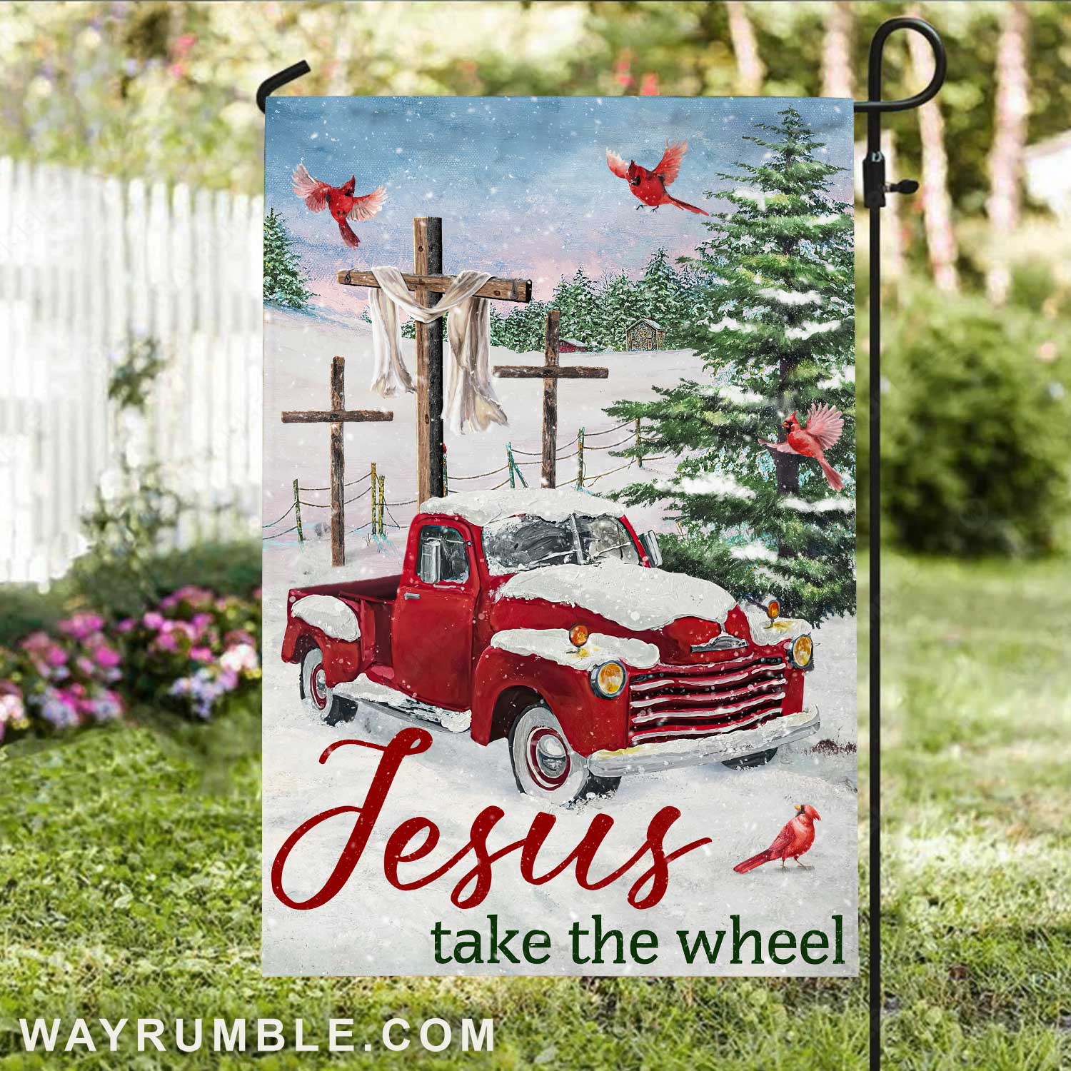 Red old car, Cardial drawing, Beautiful snow valley, Three crosses, Jesus take the wheel - Jesus Flag