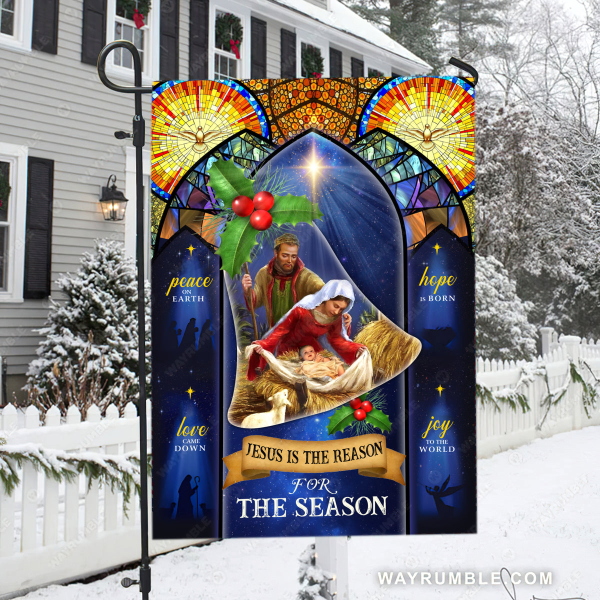 Birth of Jesus, Mother Mary, Stained glass windows, Jesus is the reason for the season - Jesus Flag