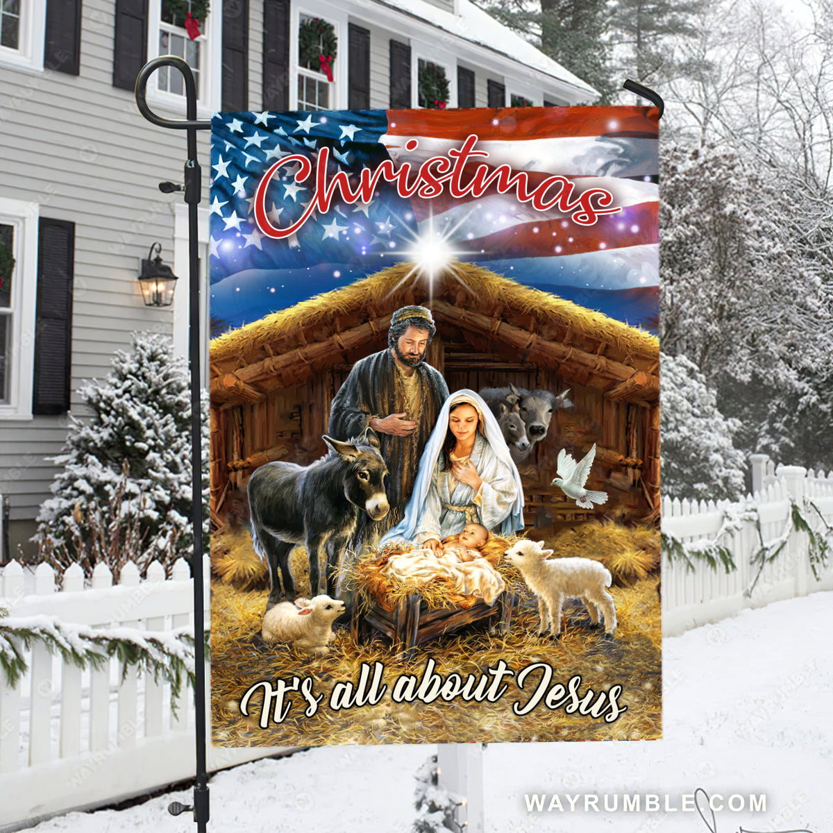 Birth of Jesus, Lamb of God, Farm animal, American flag, Christmas, It&#39;s all about Jesus - Jesus Flag