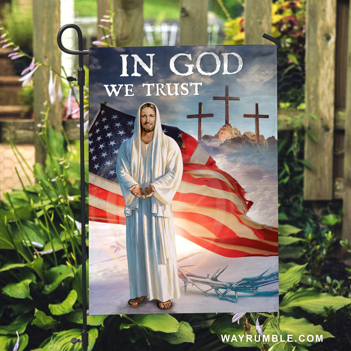 Jesus painting, American flag, Three crosses on hill, In God we trust - Jesus Flag