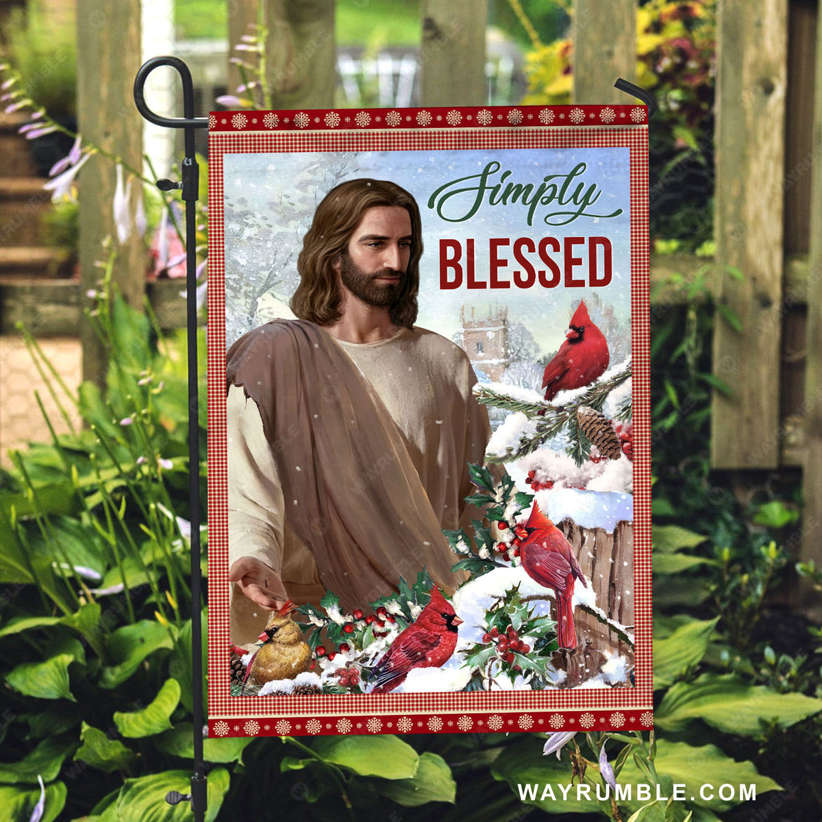 Jesus painting, Red cardinal, Cranberry tree, Christmas decoration, Simply blessed - Jesus Flag