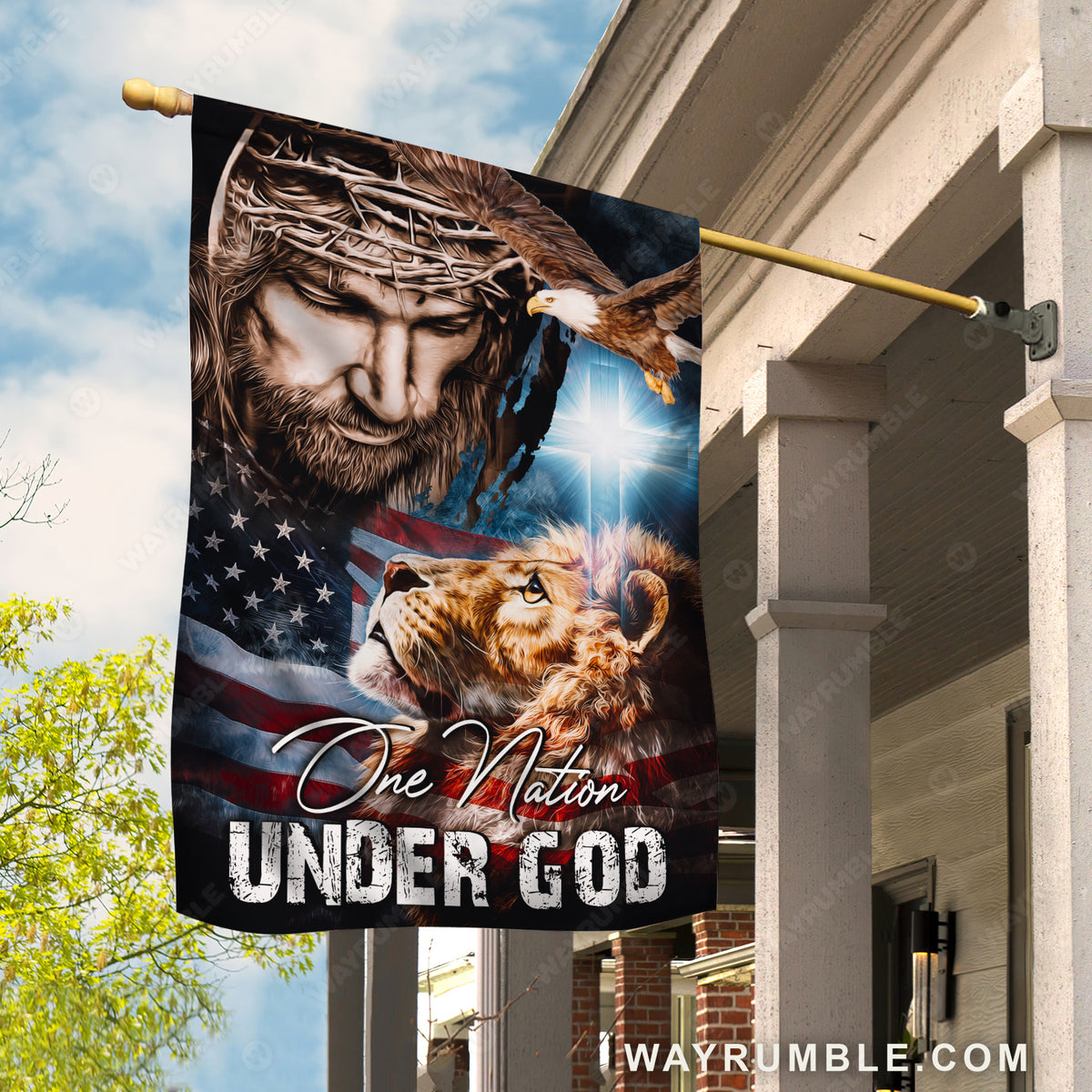 Stunning lion, Eagle drawing, The face of Jesus, One nation under God - Jesus Flag