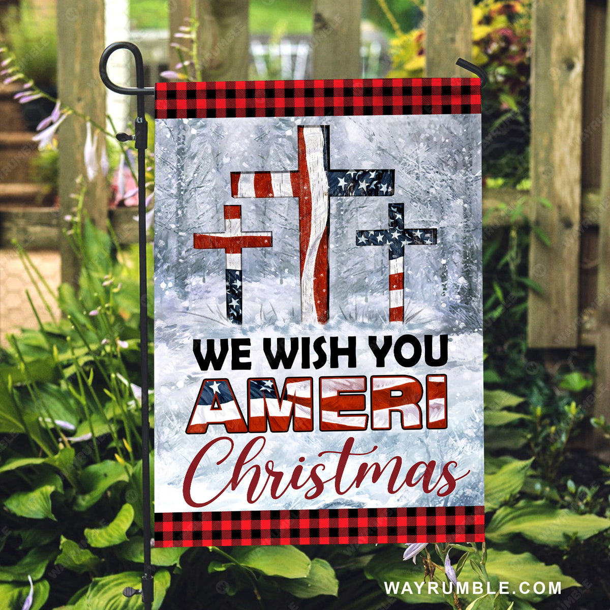 Snowy forest, American flag, Christmas decoration, We wish you ...