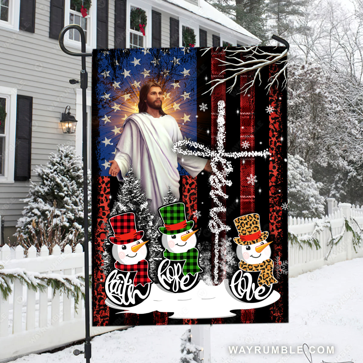 Lovely snowman drawing, Jesus painting, American flag, Faith, Hope, Love - Jesus Flag
