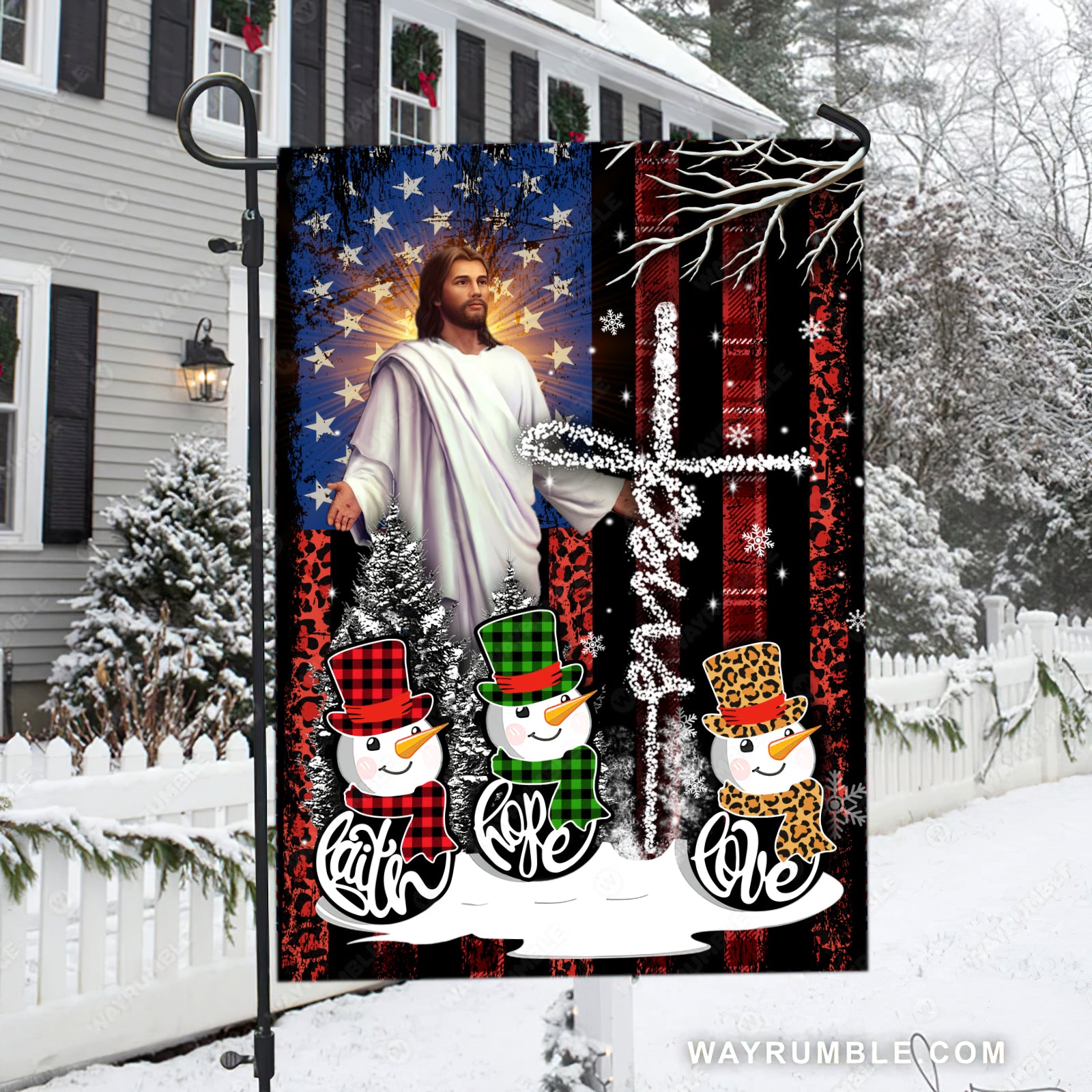 Lovely snowman drawing, Jesus painting, American flag, Faith, Hope, Love - Jesus Flag